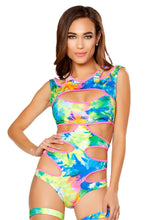Tie Dye Printed Bodysuit with Multiple Cutout Details - All Over Print Bodysuit, Roma Costume, YourLamode