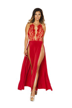 Roma Clubwear Red Maxi Length High Slit Dress with Eyelash Lace Detail